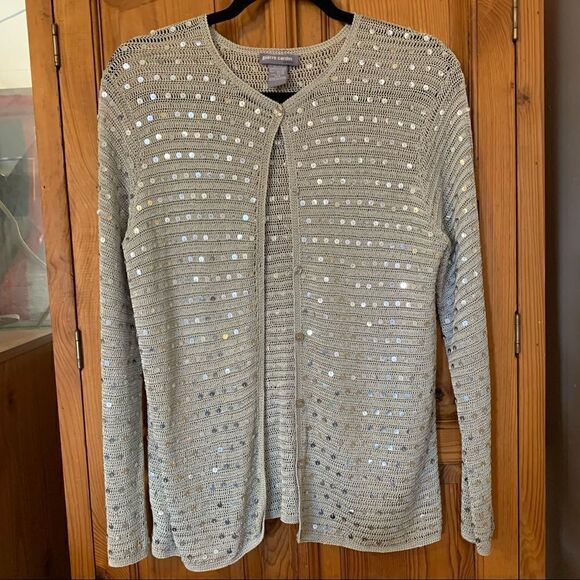 Pierre Cardin Gray Loose Knit Cardigan Sweater Sequins Detail Sz Medium Gorgeous - Picture 1 of 9